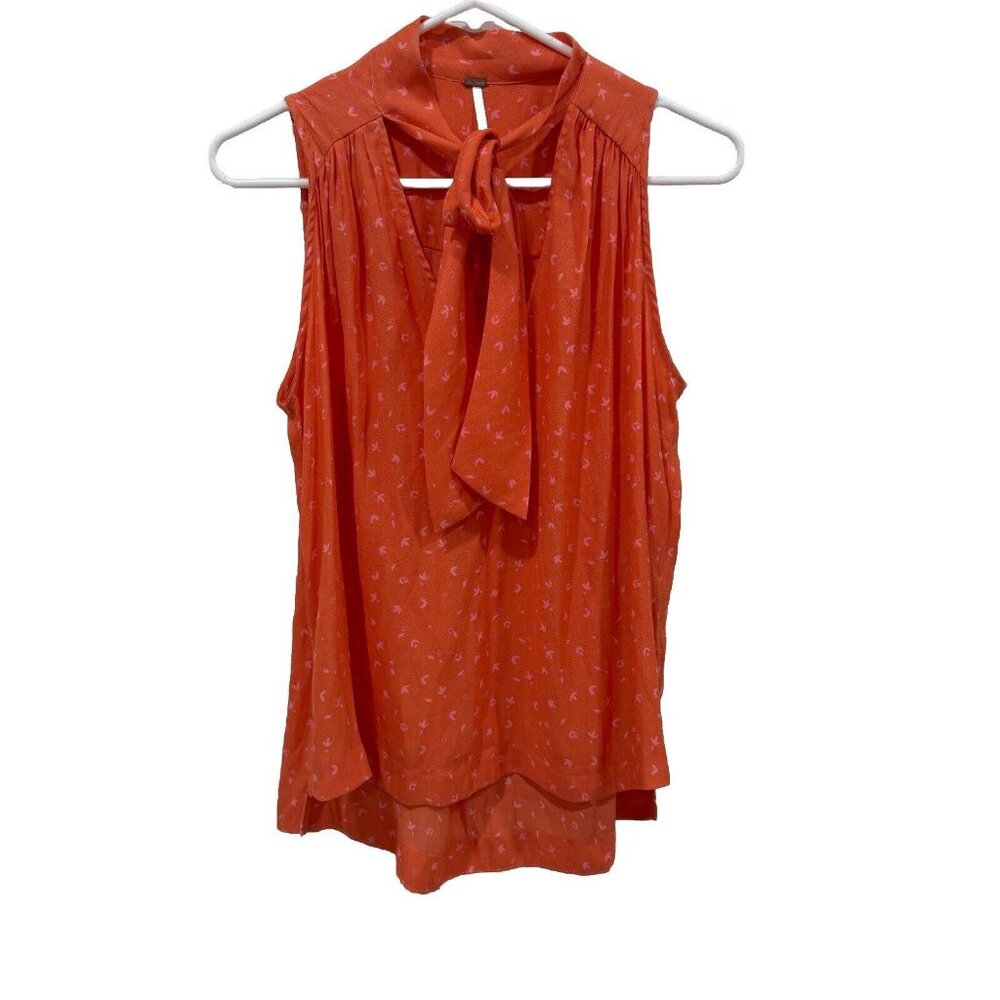 Free People Sz‎ XS Sleeveless Blouse Ties At Neck Orange Coral Pink Leaves